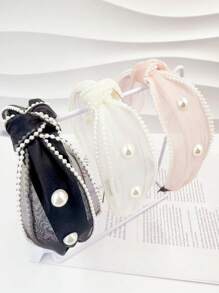 1pc Premium Faux Pearl Embellished Wide Edge Headband With Organza Knot, Elegant & Versatile Hair Accessory, Hairband Headband For Women , Hair Accessories, Diadema, Hair Hoop