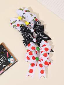 2 件装学生返校发饰 Apple Pencil 校车字母图案蝴蝶结发夹白色黑色罗缎丝带蝴蝶结鳄鱼夹可爱 Apple Pencil 校车字母印花蝴蝶结发夹可爱返校蝴蝶结发夹适合开学第一天女士发饰、扁平爪夹、发夹、发夹 - 彩色 - 查看 2
