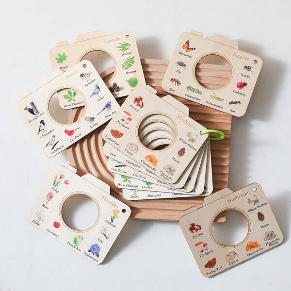 Livres en bois de découverte de la nature pour enfants, jouets d'exploration, caméra en bois, cartes d'éducation précoce, jouets de parc/voyage/pique-nique pour bébé
