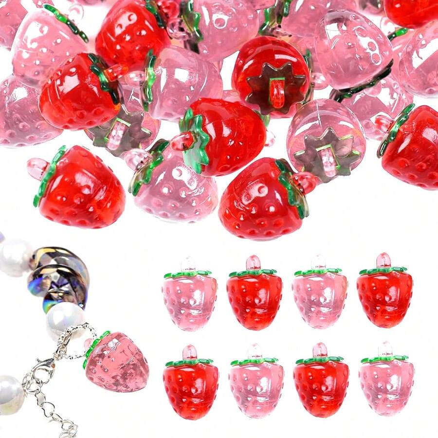 12/18 件草莓珠、草莓珐琅饰品 - 3D 透明亚克力草莓首饰配件，适用于 DIY 项链、手链制作 - 彩色 - 查看 1
