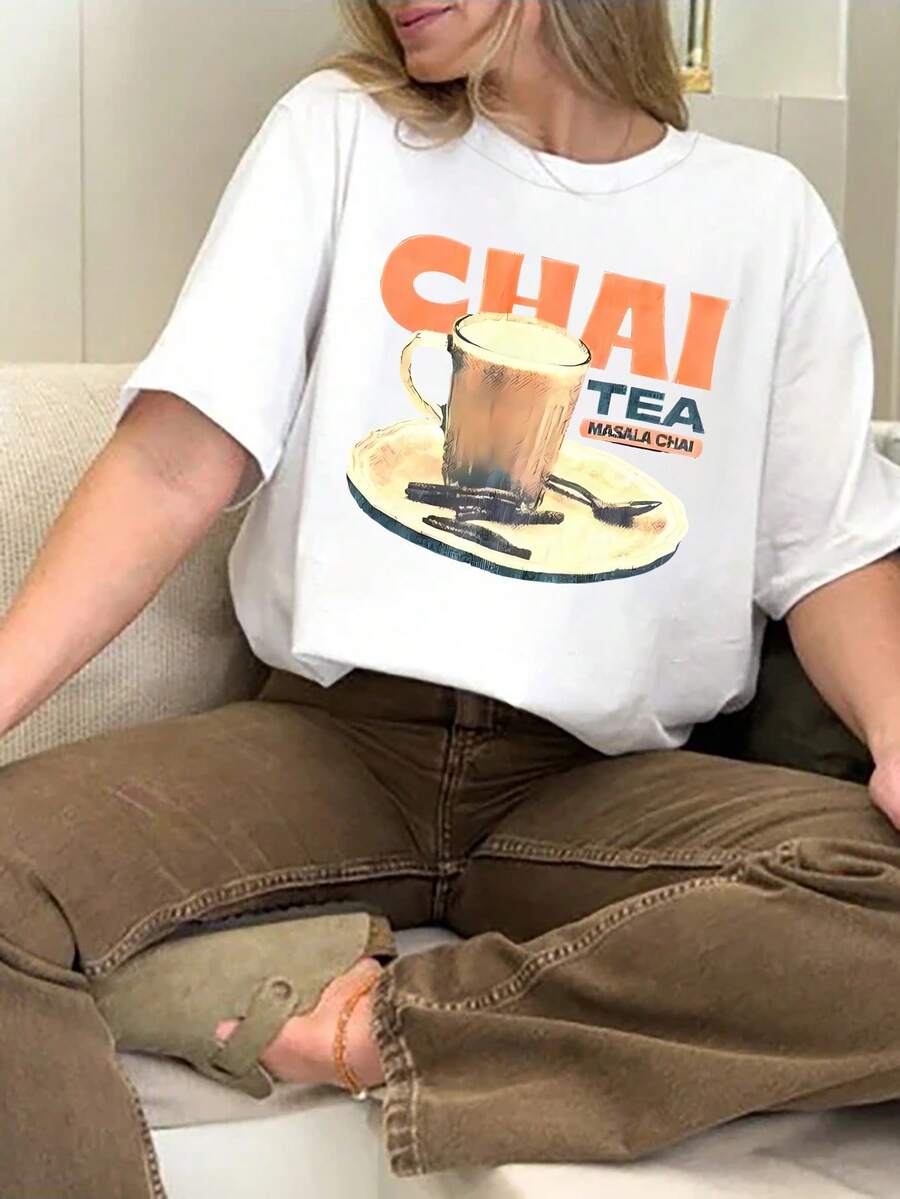 Summer Casual Vintage CHAI Graphic Crew Neck T-Shirt - trắng - Xem 1