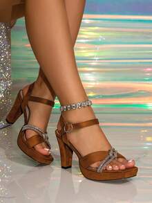 Women's Square Toe High Heel Waterproof Platform Sandals, Dignified Brown Color Non-Tiring Work Shoes, Metal Buckle Embellished Thick Heel Summer Sandals, Fashionable Party Shoes - Brown - View 3