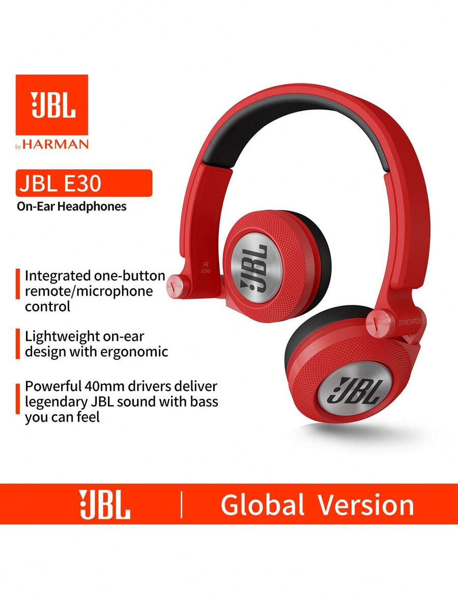 JBL SYNCHROS E30 耳机，轻巧头带设计，符合人体工程学，集成单按钮遥控/麦克风控制，强劲的 40 毫米驱动单元带来传奇般的音质和强劲的低音（黑色/红色/白色/蓝色/紫色）