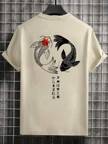 Camiseta informal de manga corta y cuello redondo con estampado japonés de carpa para hombres talla grande en verano