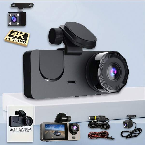 4k 3-Channel Dash Cam With 32GB Card - 4K Front & 1080P Rear Cameras, 170° Wide Angle, WDR Night Vision, 3.16" IPS Screen, 24H Loop Recording, Easy Installation For Cars & Trucks, Vehicle Security Camera | Sleek Dashboard Camera | Highresolution Recording, Dash Camera For Cars
