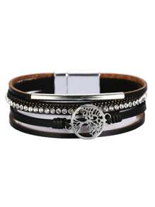 Bracelet de manchette style bohème en PU avec arbre de vie en cristal, convient pour les tenues de femme