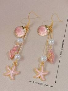 1 Pair Of Gold Bow Marine Element Earrings Pearl Starfish Shell Earrings Holiday Style Accessories #Seaside Travel Essential Summer Beach Style Finishing Touch Item Suitable For Women To Wear On Holidays - Pink - View 4