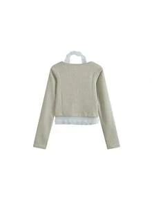 独特设计蕾丝拼接长袖女式 T 恤，独特修身套头衫，秋季 - 灰杏色 - 查看 6