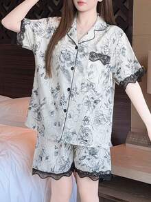 两件套女士蕾丝领蕾丝拼接撞色短袖上衣和短裤睡衣套装，适合春夏穿着 - 黑與白 - 查看 7