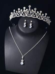 4pcs Jewelry Set For Teenagers, Including Crown, Necklace, Earrings, Suitable For Wedding, Party, Stage Performance, Also Great Birthday Gift For Friends - Silver - View 8