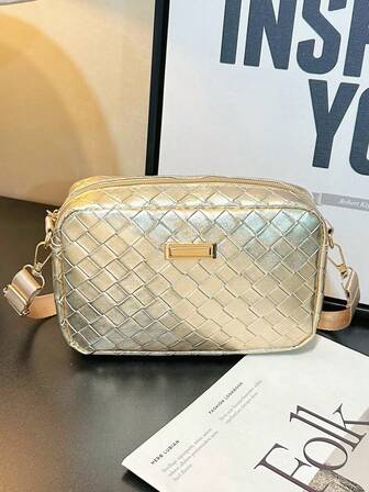 Mini Fashionable Gold Woven Textured Women Crossbody Bag; With Metal Decoration - Lightweight, Adjustable Shoulder Strap, Zipper Closure, Polyester Lining, Daily Crossbody Bag | Party Crossbody Bag | Adjustable Strap Bag