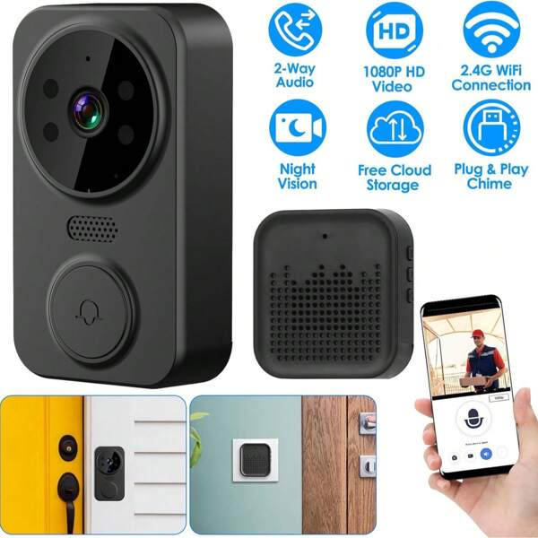 Drahtlose Türklingel Kamera, 1080P Smart Wireless Video Türklingel Kamera mit Klingel, 2,4G WLAN, 2-Wege-Audio, Nachtsicht, kostenloser Cloud-Speicher Sicherheits-Türklingel für Zuhause, Büro