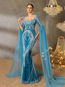 Faeriesty Faeriesty Elegant Evening Gown With Heart-Cut Neckline & Ethereal Sheer Sleeves - Mermaid Silhouette Formal Dress With Embellished Train - For Red Carpet Galas, Luxury Weddings, Diplomatic Balls