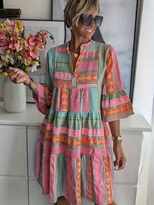 Women's Bohemian Tropical Printed One Shoulder Stand Up Collar Dress - Three Sleeve A-Line Medium Long Fluffy Sleeve And Ruffle Neck, Geometric Pattern Design, Suitable For Casual To Semi Formal Occasions, Fashionable And Exquisite Dressing - 彩色 - 查看 2