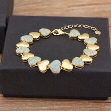 1pc Colorful Cubic Zirconia 18K Gold Plated Copper Heart Chain Bracelet, Luxury Jewelry, Minimalist Design, Gift For Lover/Best Friend