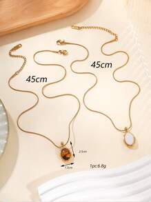 1pc Stainless Steel Oval Pendant Necklace, Inlaid With Tiger's Eye & White Gems, Color Selection Available, Suitable For Women's Daily Decoration Or Gifting