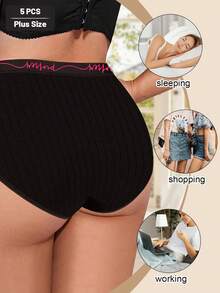 MEIYATING 5pcs Large Size Underwear, Plus Size, Women'S Underwear, Mid-Waist Underwear, Letter Belt, Vertical Stripes, Soft Style - 彩色 - 查看 3