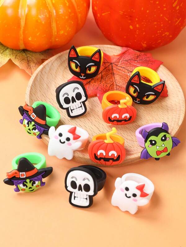 12 piezas Anillo con tema de Halloween, diseño de murciélago, calabaza, calavera y fantasma, accesorio de fiesta, decoración de Halloween, decoración navideña de Halloween, recuerdo de fiesta, decoración de hogar de horror, suministros de fiesta