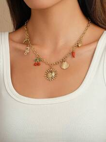 1 pieza Collar de estilo ecléctico, con cadena dorada, dijes de estrella de mar, caballito de mar y chile dulce, con vibra de vacaciones de verano, moda personalizada dulce y retro, artículo de regalo único para outfit de playa
