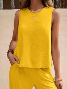 2 Pieces Solid Stylish Two Piece Set, Sleeveless Tank Top And Loose Wide Leg Pants, Casual And Daily Wear For Women - 黃色 - 查看 5