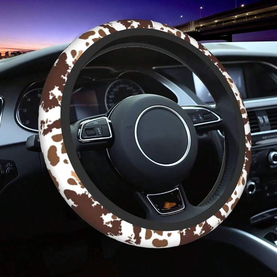 New Brown Cow Print Steering Wheel Cover Universal 15 Inch For Women Men, Neoprene Anti-Slip Cute Car Steering Wheel Grip Wrap Car Accri Protective Case Cover For Vehicle Truck SUV¡ - Rainbow Cheetah Print One Size - View 1