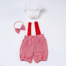 Set de 3 piezas con delantal de chef, sombrero y pañuelo para recién nacidos, pantalones con rayas rosadas y un gorro blanco elástico, accesorios de fotografía para bebés niño y niña como cocinero para sesiones fotográficas - Multicolor - Ver 7