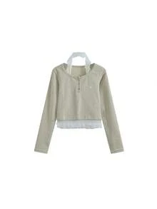 独特设计蕾丝拼接长袖女式 T 恤，独特修身套头衫，秋季 - 灰杏色 - 查看 5