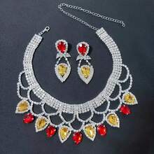 Conjunto de pendientes y collar de diamantes de imitación hechos a mano exagerados y exquisitos para mujer a, accesorios de joyería para vestido de baile de novia OJAZ - Amarillo Rojo - Ver 8