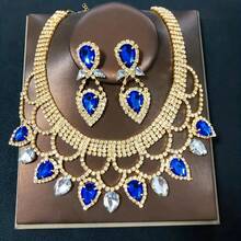 Conjunto de pendientes y collar de diamantes de imitación hechos a mano exagerados y exquisitos para mujer a, accesorios de joyería para vestido de baile de novia OJAZ - Amarillo Rojo - Ver 4