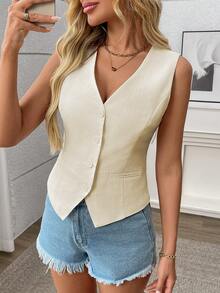 Leinen Tank Tops mit geraffter Taille, modischer und eleganter Pendler-Weste, einfarbige Leinenweste mit Fake-Tasche, geeignet für Lässig, Dates, Urlaub, Reisen, Geburtstagsfeiern, Frühling/Sommer/Herbst