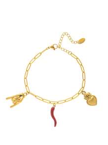 1Pc Versatile Fashion Classic Red Bull Horn Sacred Heart Rock Gesture Detachable Pendant Necklace, Stainless Steel Plated Genuine Gold Color Preserving Waterproof, Women Gifts, Women's Jewelry