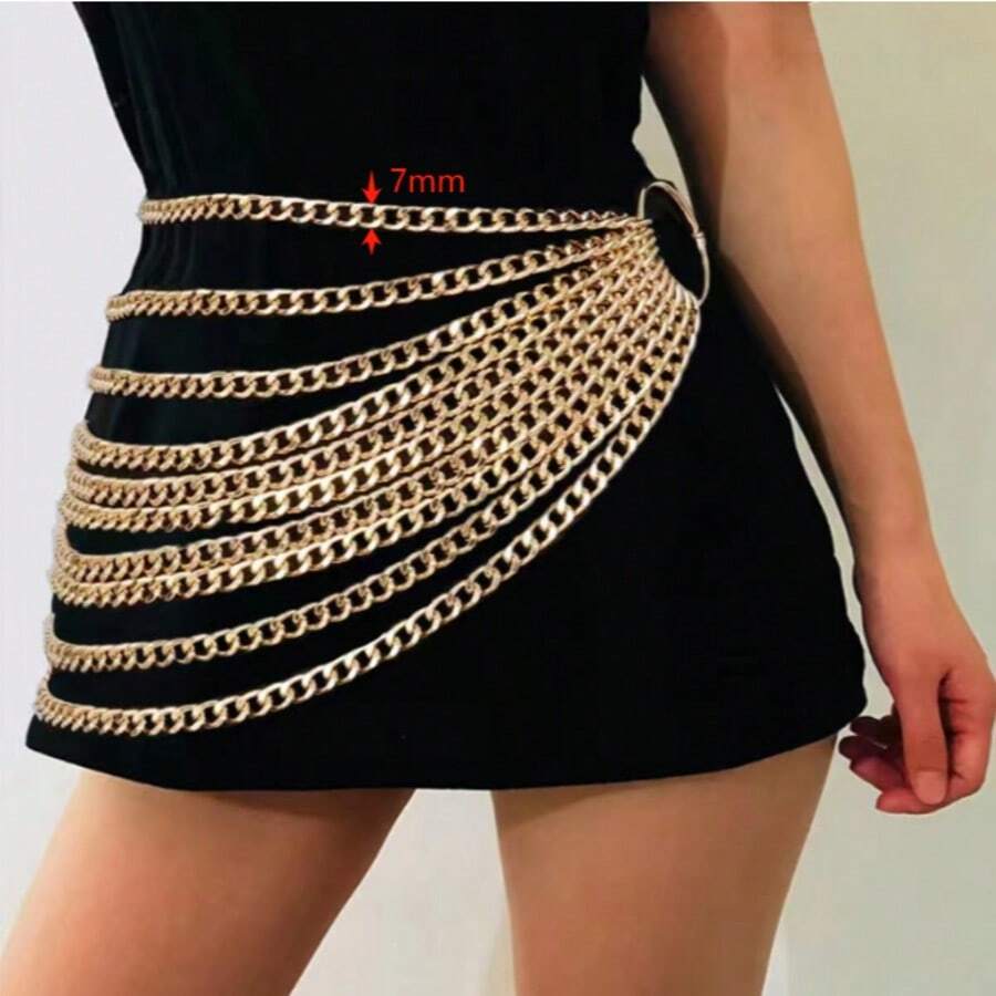 1pc European And American Vintage Multi-Layer Metal Chain Tassel Waist Chain, Retro Style - Gold - View 1