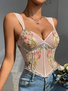 EZNV 1pc Lace Embroidery Fishbone Strap Backless Breathable Crop Corset Tank Top - Apricot - View 3