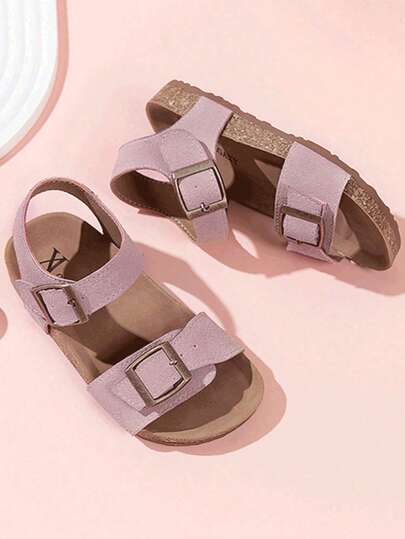 2025 New Bestselling Girls' Sandals, Featuring Matte Light Purple Upper And Metal Buckle Accents, Minimalist And Fashionable Style. Soft Cork Sole For Comfortable Wear. Suitable For Girls Aged 3-12 For Everyday Outings, Play, And Other Occasions. A Stylish And Casual Girls' Sandal.