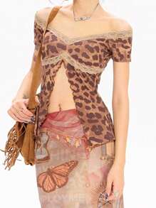 Top court sexy femme Cutenova en patchwork de dentelle imprimé léopard