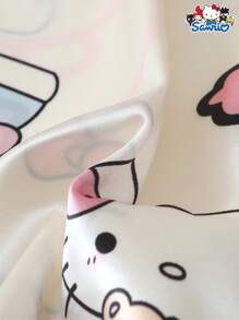 Sanrio 两件套女士春夏缎面三丽鸥Hello Kitty翻领长袖纽扣口袋上衣和蝴蝶结长裤睡衣套装，适合居家穿着，秋冬皆宜。
