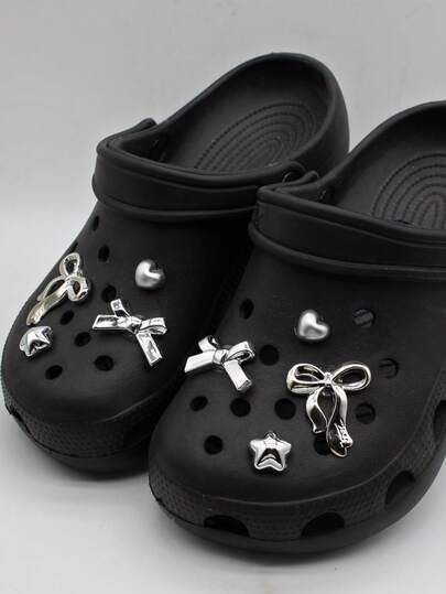 8个银色奢华丝带蝴蝶结鞋饰，适用于镂空鞋带，心形星星鞋饰，DIY配件，适合女士凉鞋、拖鞋、沙滩包