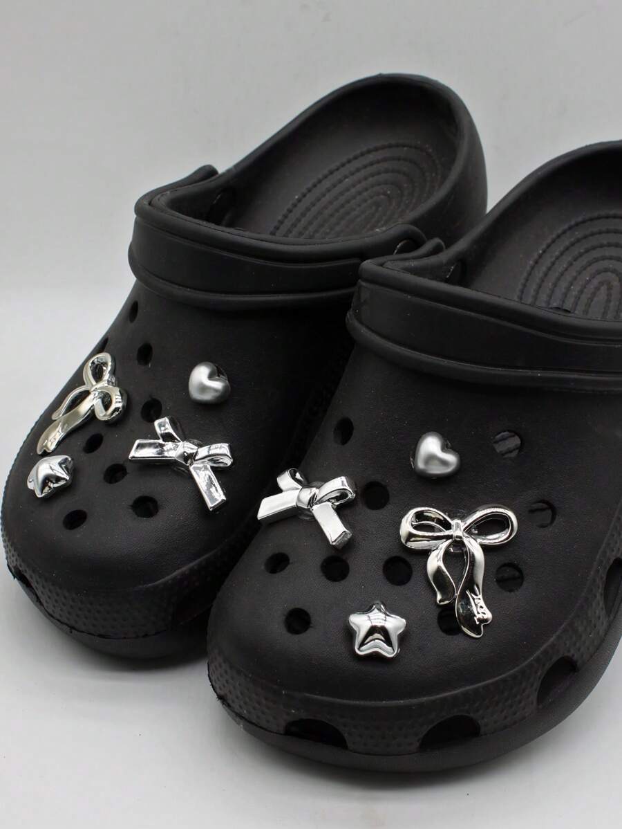 8个银色奢华丝带蝴蝶结鞋饰，适用于镂空鞋带，心形星星鞋饰，DIY配件，适合女士凉鞋、拖鞋、沙滩包