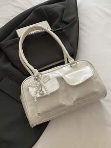 1pc Vintage Minimalist Zipper Tote Bag, Decorated With Pockets, Dual Handles, Suitable For Women's Casual And Commuting Daily Use - White - View 4
