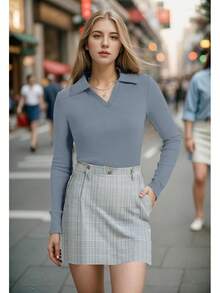 WIHOLL Womens Polo Shirts Long Sleeve Business Casual Tops Collared V Neck Ribbed Knit Sweater Slim Fit Blouses Halloween Christmas New Year - Màu xanh bụi bặm - Xem 2