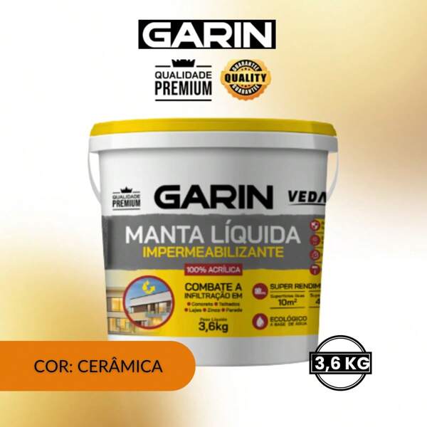 MANTA LIQUIDA EMBORRACHADA IMPERMEABILIZANTE PREMIUM GARIN CERÂMICA 3,6KG - Combate infiltração em lajes, telhados e paredes externas