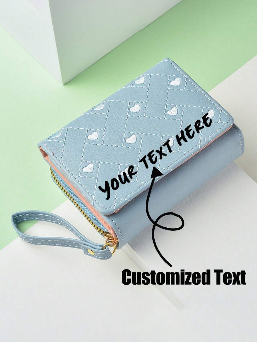 定制字母刺绣心形钱包新款夏季短款折叠拉链零钱包女小钱包女式钱包迷你钱包钱包 - 彩色 - 查看 1