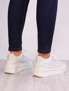 Nuevas zapatillas de deporte de suela blanda para mujer con diamantes completos, antideslizantes, antiolores, zapatillas para correr informales, entrenamiento de amortiguación ligera - Blanco - Ver 4