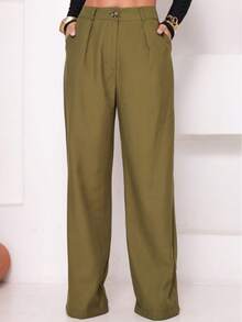 Plain Palazzo Pants With Pockets, Zipper And Buttons - xanh quân đội - Xem 2