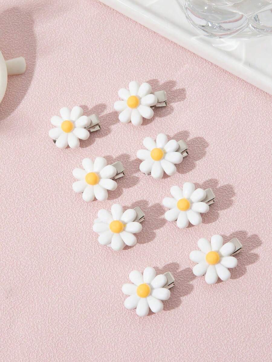 8 件女孩乡村雏菊花发夹，适合度假、日常装扮和休闲场合 - 白色 - 查看 1