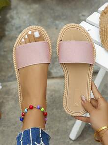 大码女式 36-43 平底凉鞋圆头低跟波西米亚风格平底拖鞋，舒适一脚蹬休闲夏季平底女士凉鞋，粉色 - 粉紅色-布面細紋 - 查看 1