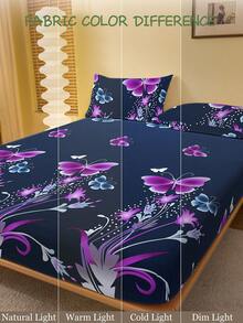 2/3 Pcs Printed Fitted Sheet Set, Bedding, Bed Sheet Set, Soft And Comfortable Bedding, Room Decor, Skin-Friendly Bed Cover Set For All Season, Mattress Protector For Bedroom, Fits For Twin Full King Queen Size Bed, 1 Fitted Sheet And 2 Pillowcases, Machine Washable, Fathers Day Decor, Birthday Decorations, Grad Party Decor, Fathers Day Gift, Graduation Gifts, Birthday Gifts - Con bướm tím - Xem 6