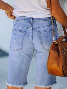 Plus Size Casual Ripped Bermuda Denim Shorts Medium Stretch For Women - 淺藍色 - 查看 3