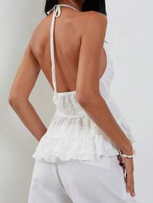 Women's Y2K Backless Lace Halter Tops Solid Color Ruffled Hem Crop Tops Summer Sleeveless Low Cut Vest Shirts Going Out Tops Club Streetwear - White - View 2