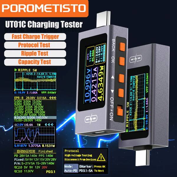 POROMETISTO Medidor de potencia USB-C UT01C: Probador de carga rápida de 280W PD3.1/QC4+ con monitor de voltaje y corriente de 12A, pantalla IPS HD y función de guardado sin conexión para teléfonos/portátiles